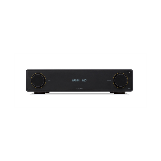 Ein ARCAM A15 Audio-Verstärker in Schwarz mit High-Definition-Audio und Bluetooth-Konnektivität, zentralem Digitaldisplay sowie zwei großen runden Reglern, frontal vor weißem Hintergrund abgebildet.