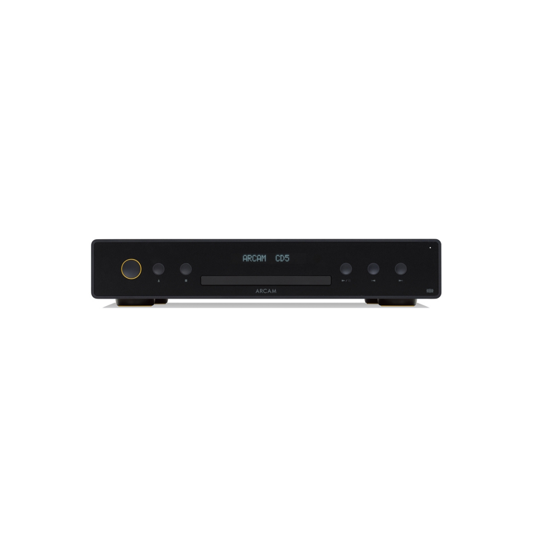 Frontansicht des ARCAM CD5 CD-Players, eines schwarzen Geräts mit zentralem CD-Schacht, digitalem Display, Bedientasten und einer runden Einschalttaste links. Dieses minimalistische Gerät unterstützt die Wiedergabe von Compact Discs und High-Resolution Audio.