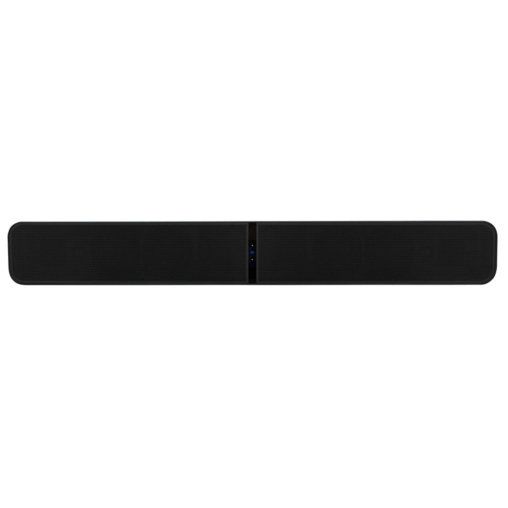 Die Bluesound PULSE SOUNDBAR in Schwarz ist rechteckig mit abgerundeten Kanten, Bedientasten und Kontrollleuchten auf der Vorderseite. Ihr schlankes, minimalistisches Design unterstützt Dolby Atmos für immersiven Sound.