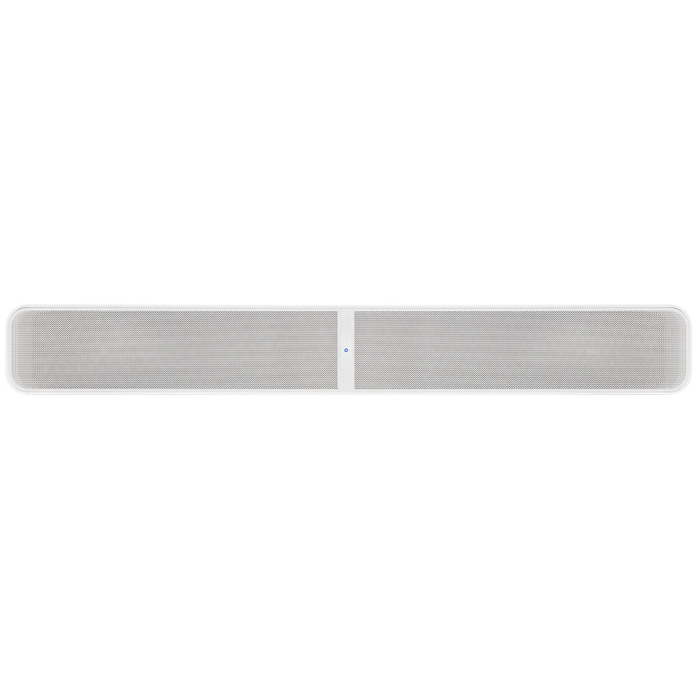Die Bluesound PULSE SOUNDBAR in Weiß hat ein langes, rechteckiges Design mit abgerundeten Kanten und Mesh-Front, bietet Dolby Atmos-Unterstützung und ein fortschrittliches BluOS Streaming-Modul für nahtloses Musikstreaming.