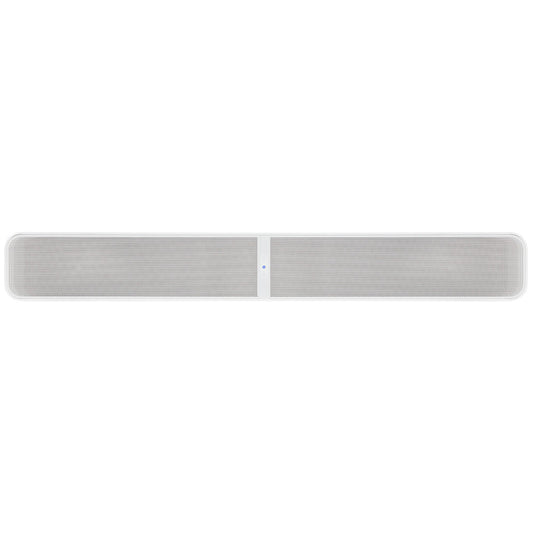 Die Bluesound PULSE SOUNDBAR in Weiß hat ein langes, rechteckiges Design mit abgerundeten Kanten und Mesh-Front, bietet Dolby Atmos-Unterstützung und ein fortschrittliches BluOS Streaming-Modul für nahtloses Musikstreaming.