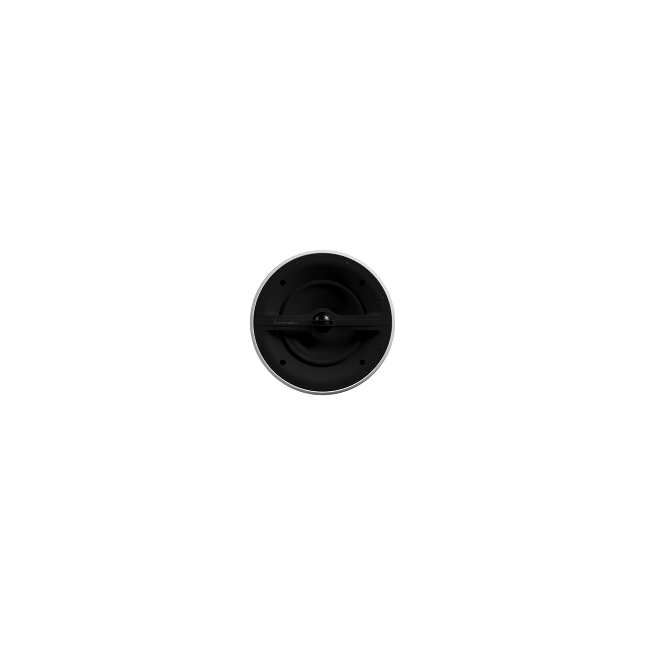 Ein weißer, runder Bowers & Wilkins CCM362 Wandeinbaulautsprecher steht von vorne gesehen mittig auf einem schwarzen Hintergrund. Der minimalistische Stil und der hohe Kontrast unterstreichen seine erstklassige Klangqualität.