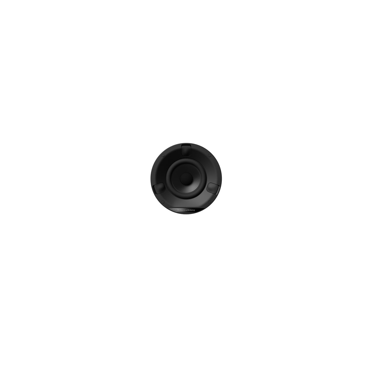 Ein weißer Bowers & Wilkins CCM632 Deckeneinbaulautsprecher mit einem Full-Range-Treiber ist von oben zu sehen, zentriert auf einem schlichten weißen Hintergrund.