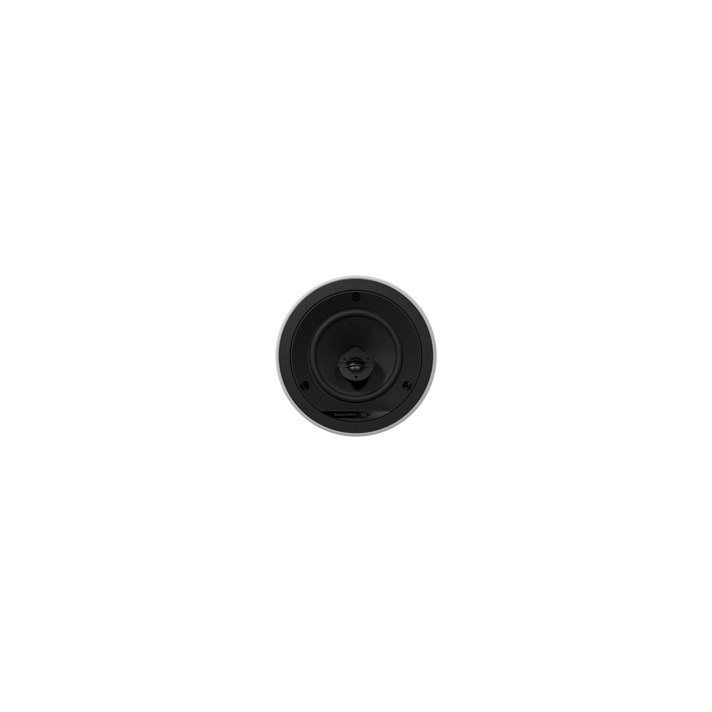 Ein rundes weißes Bowers & Wilkins CCM664 Deckeneinbaulautsprecher-Stück steht mittig auf einem schlichten schwarzen Hintergrund, von oben fotografiert.