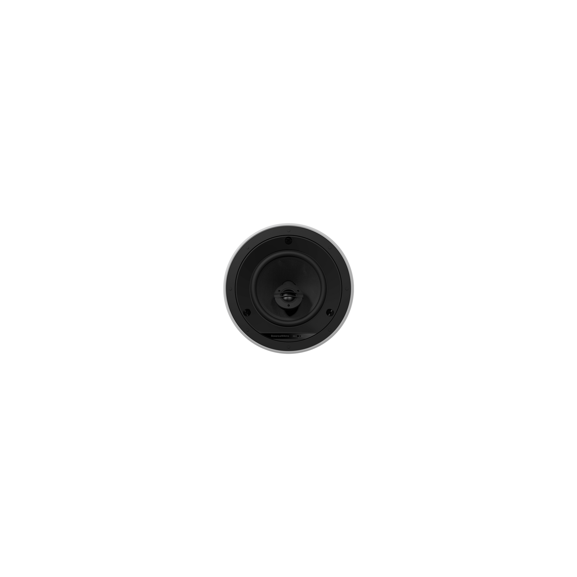 Ein rundes weißes Bowers & Wilkins CCM664 Deckeneinbaulautsprecher-Stück steht mittig auf einem schlichten schwarzen Hintergrund, von oben fotografiert.