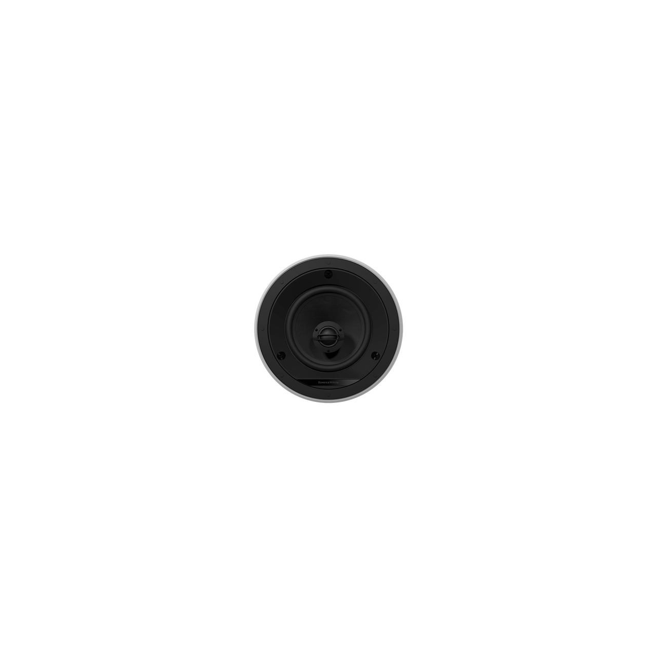 Ein einzelnes weißes Bowers & Wilkins CCM665 Deckeneinbaulautsprecher-Stück ist auf einem schlichten weißen Hintergrund zentriert, so dass der Konus und die Schrauben sichtbar sind. Es gewährleistet eine einfache Installation sowie hervorragende Klangqualität.