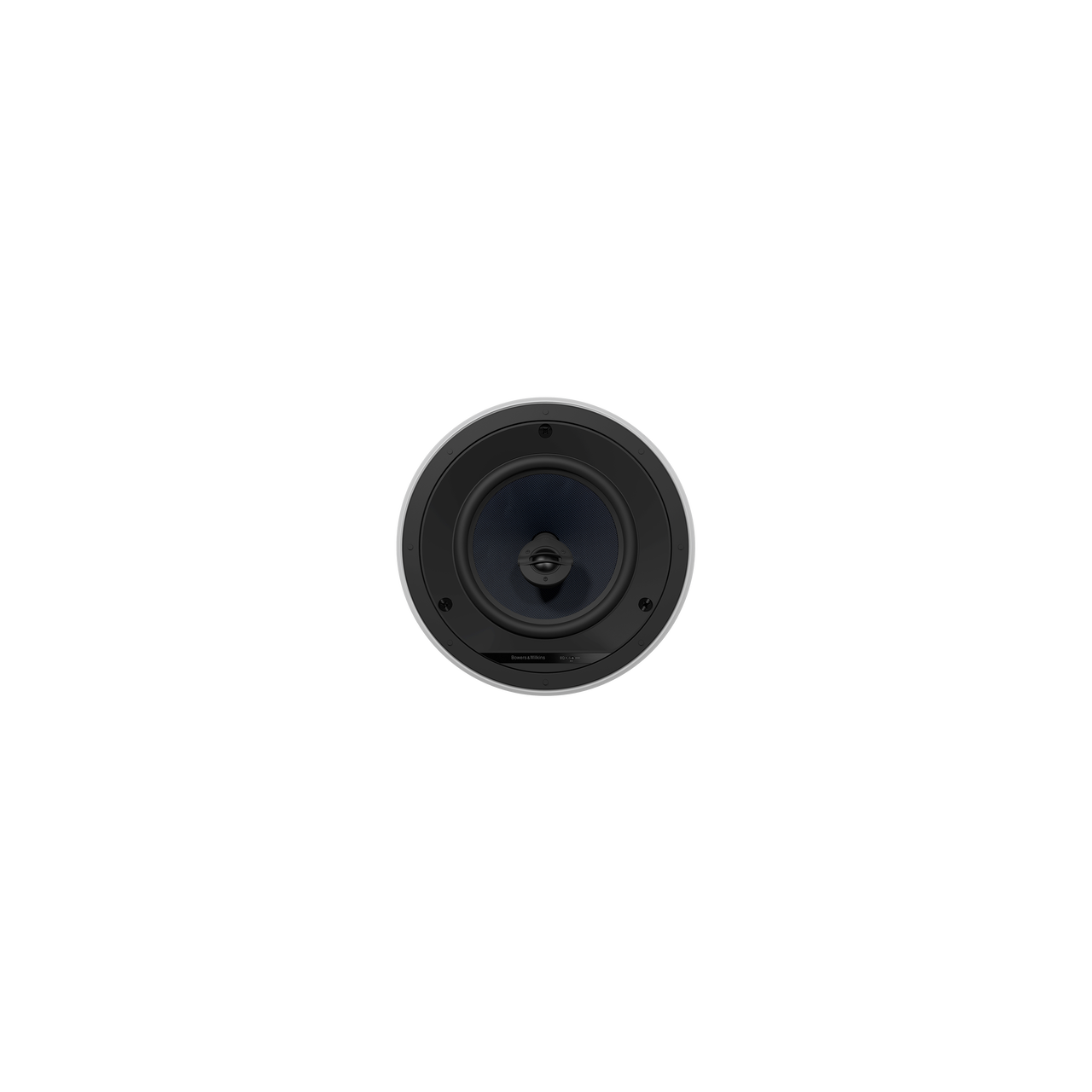 Ein weißer Bowers & Wilkins CCM682 Deckeneinbaulautsprecher Stück ist in einer weißen Decke montiert, direkt von unten betrachtet, mit Schatten, die den Kontrast um den Einbaulautsprecher erhöhen.