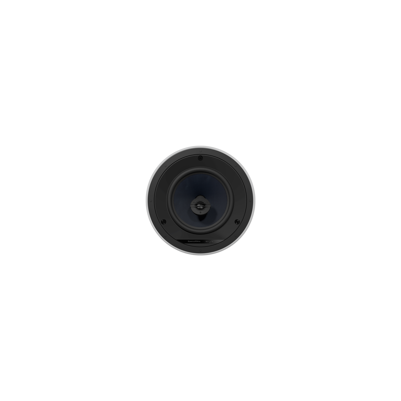 Ein weißes, rundes Bowers & Wilkins CCM683 Deckeneinbaulautsprecher-Stück liefert exzellente Audioleistung, frontal abgebildet vor einem schlichten schwarzen Hintergrund.