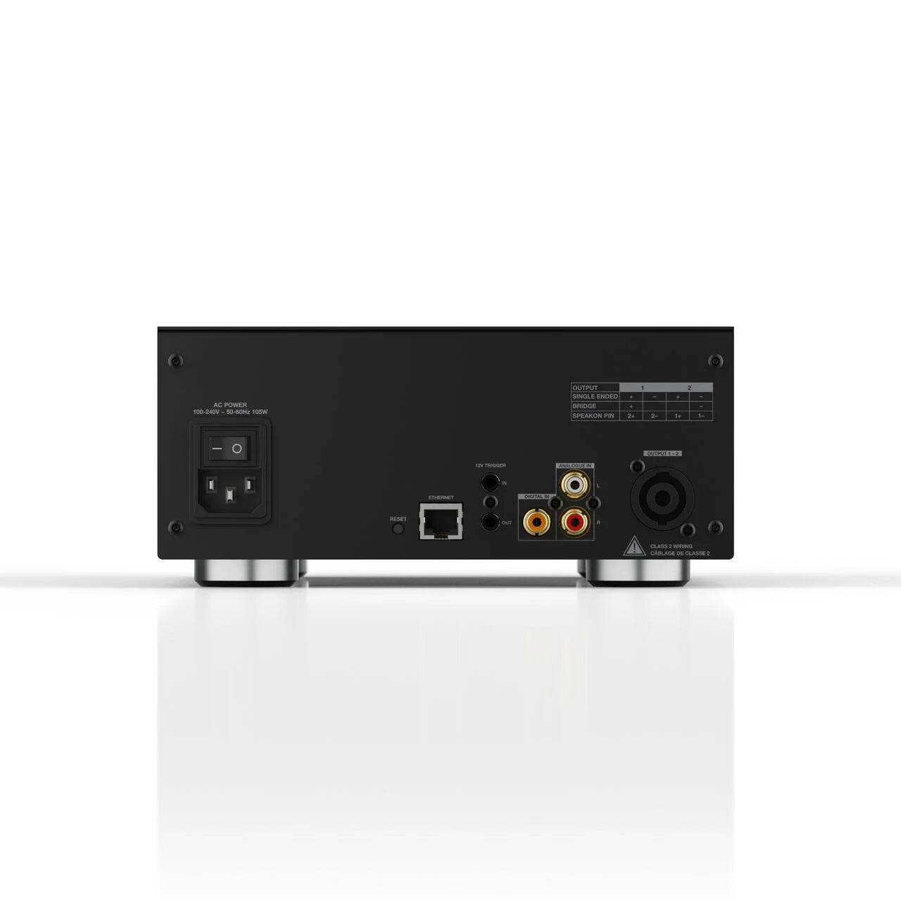 Rückansicht des Bowers & Wilkins CDA-2HD Verteilerverstärkers B-Ware mit Stromanschluss, Ethernet und analogen/digitalen Anschlüssen - perfekt für Custom Installation-Lautsprecher-Setups - auf weißem Hintergrund.