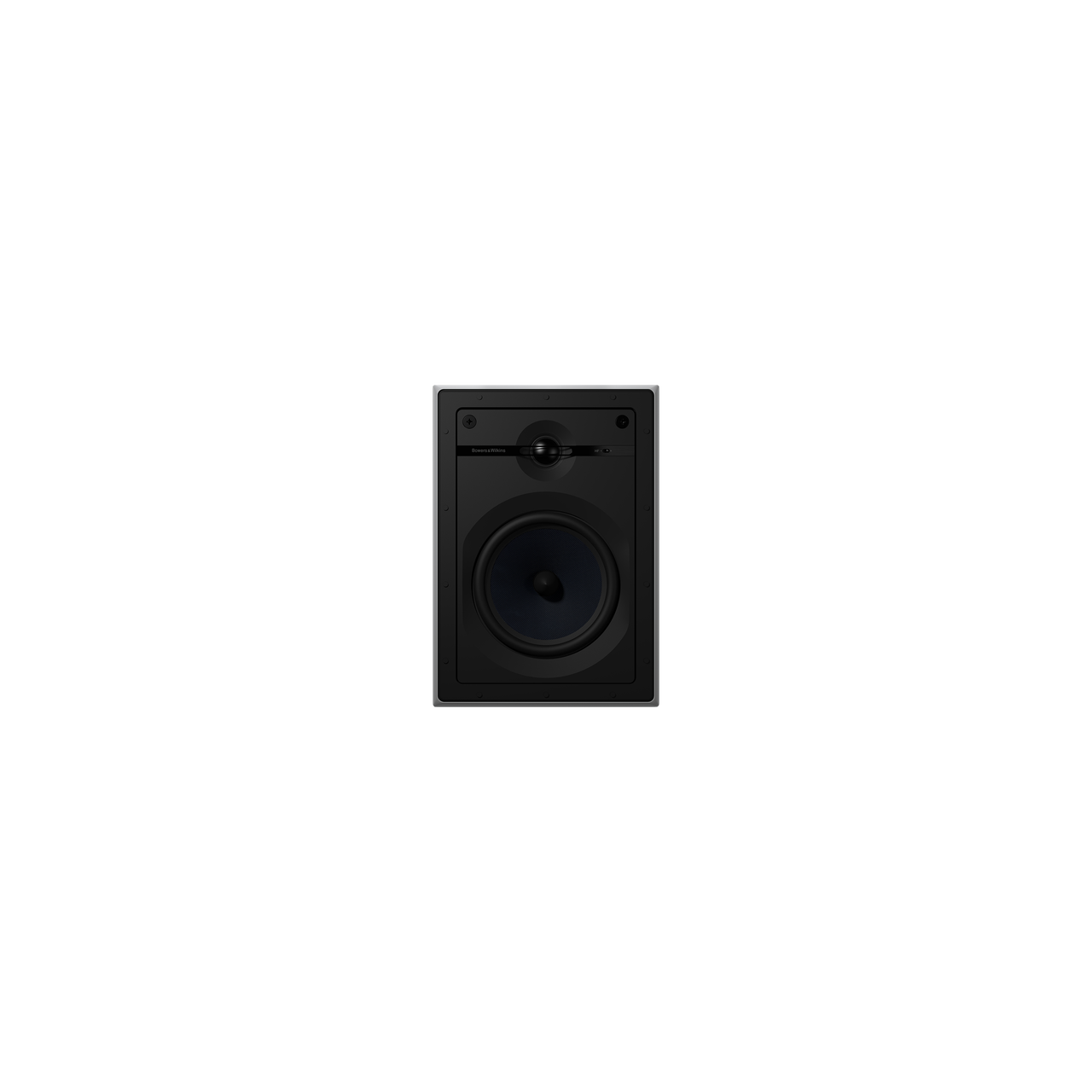 Ein weißer Bowers & Wilkins CWM663 Wandeinbaulautsprecher mit rundem Woofer und kleinem Tweeter, entworfen für kristallklaren Klang und präzises Klangerlebnis.
