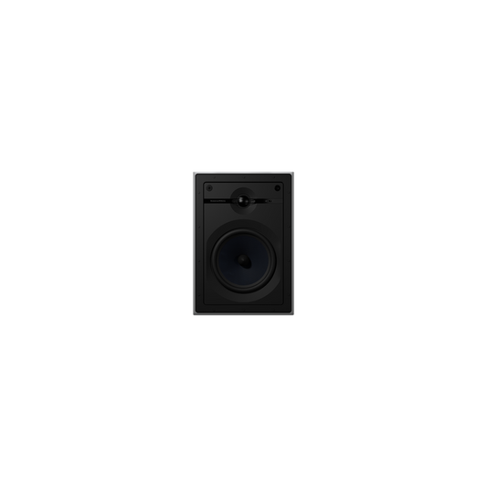 Ein weißer Bowers & Wilkins CWM663 Wandeinbaulautsprecher mit rundem Woofer und kleinem Tweeter, entworfen für kristallklaren Klang und präzises Klangerlebnis.