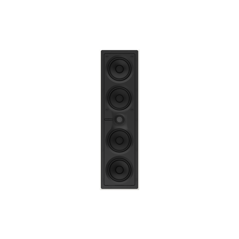 Der Bowers & Wilkins CWM7.4 S2 Wandeinbaulautsprecher in Weiß ist ein hoher, rechteckiger Lautsprecher mit fünf vertikal angeordneten Treibern und liefert beeindruckende Audioleistung für jedes Premium-Heimkino.