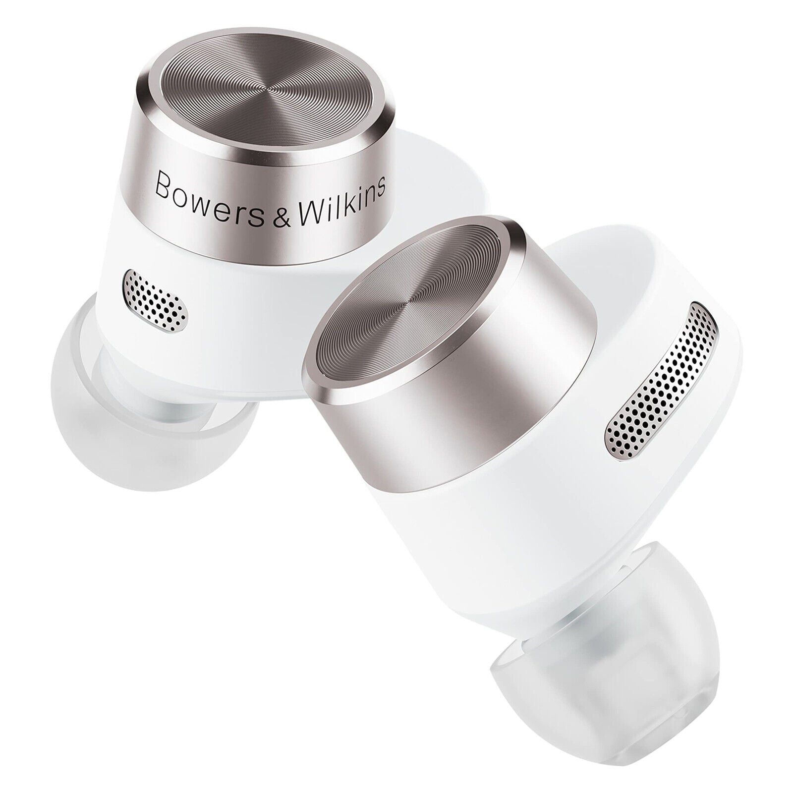 Ein Paar Bowers & Wilkins PI5 In Ear Kopfhörer B-Ware in Weiß mit Silikon-Ohrstöpseln und Active Noise Cancelling, abgebildet auf einem weißen Hintergrund.