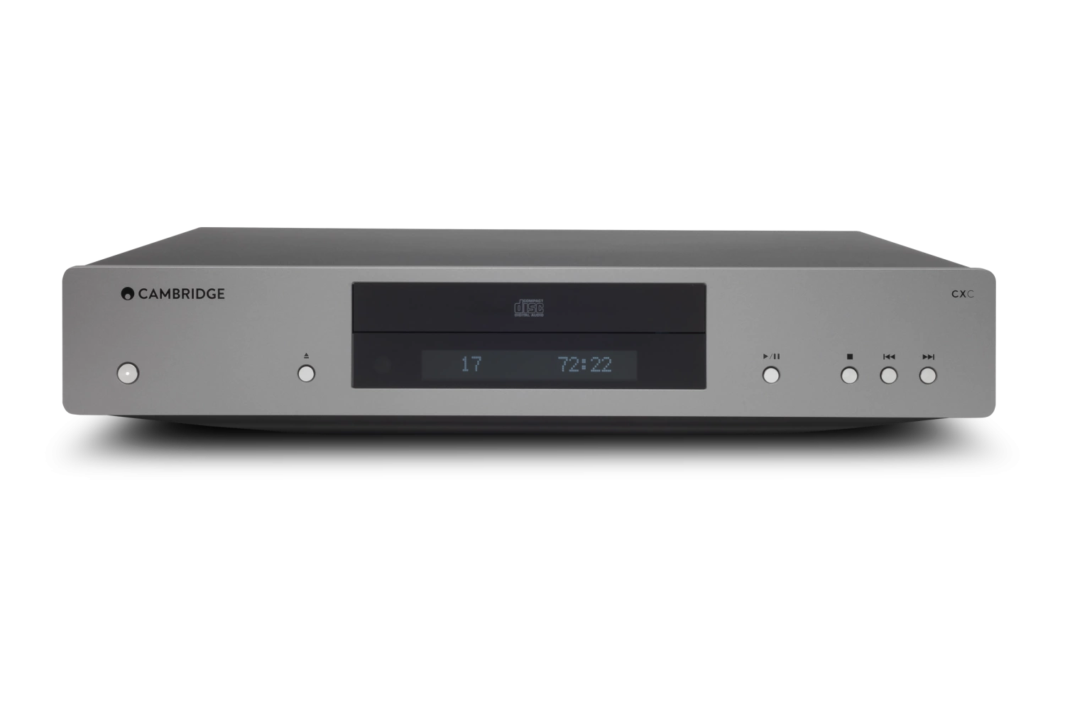 Ein Luna Grey Cambridge CXC V2 CD-Laufwerk mit zentralem Disc-Fach, Display für digitale Audio-Infos und Tasten zur Wiedergabesteuerung.