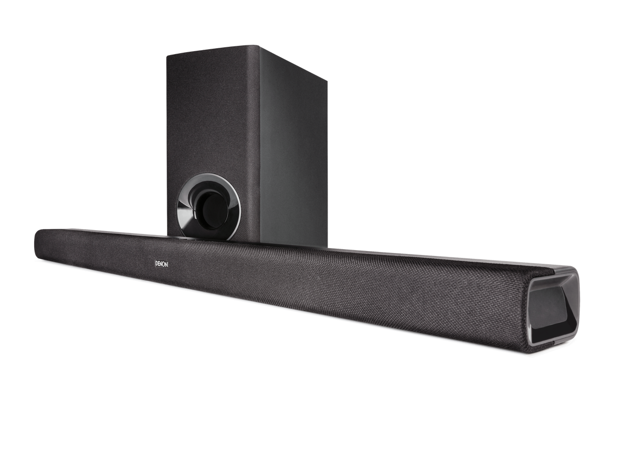 Die Denon DHT-S316 Soundbar mit drahtlosem Subwoofer in Schwarz ist auf weißem Hintergrund zu sehen und präsentiert ein modernes Heim-Audiosystem mit HDMI ARC-Konnektivität.