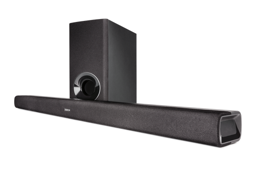 Die Denon DHT-S316 Soundbar mit drahtlosem Subwoofer in Schwarz ist auf weißem Hintergrund zu sehen und präsentiert ein modernes Heim-Audiosystem mit HDMI ARC-Konnektivität.
