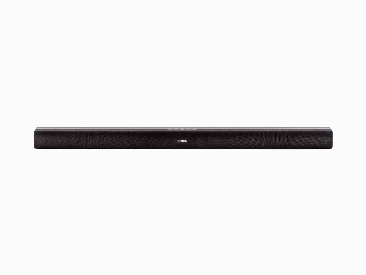 Eine schwarze Denon DHT-S316 Soundbar mit drahtlosem Subwoofer, minimalistisch im Design und mit HDMI ARC-Unterstützung, dargestellt von vorne auf einem schlichten weißen Hintergrund.
