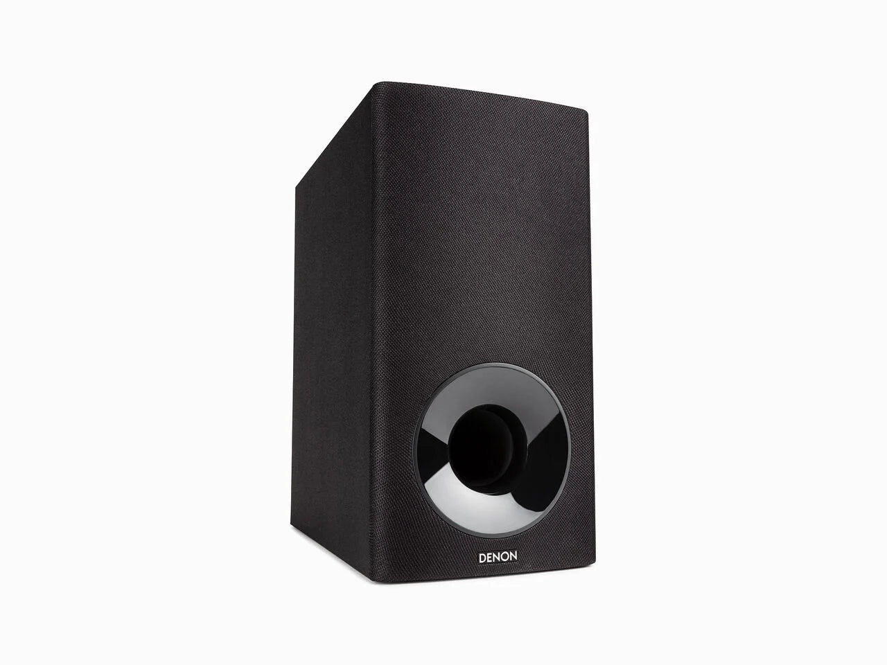 Die Denon DHT-S316 Soundbar mit drahtlosem Subwoofer in Schwarz, mit Stoff-Frontabdeckung und glänzendem, rundem Bassreflexport unten sowie HDMI ARC Unterstützung, ist vor weißem Hintergrund zu sehen.