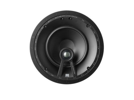 Eine Nahaufnahme des Dali PHANTOM E-60 Einbaulautsprechers Stück, ein runder schwarzer Deckeneinbau-/Wandlautsprecher mit zentralem Hochtöner und Markenlogo, dargestellt auf weißem Hintergrund für HiFi-Sound-Enthusiasten.