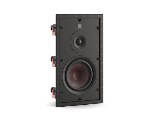 Der Dali PHANTOM H-60 R Einbaulautsprecher in Weiß ist ein rechteckiger Einbaulautsprecher mit zwei sichtbaren Treibern und roten Montagehaltern - ideal für hochwertige Audio-Installationen.