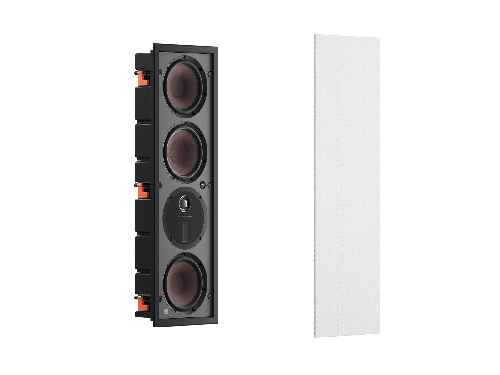 Der weiße Dali PHANTOM M-375 Einbaulautsprecher Stück mit vier runden Treibern und einem runden Hochtöner bietet HiFi-Sound für ein Premium-Audioerlebnis und ist neben dem passenden weißen Gitter abgebildet.