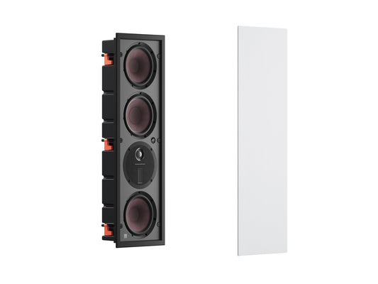 Der weiße Dali PHANTOM M-375 Einbaulautsprecher Stück mit vier runden Treibern und einem runden Hochtöner bietet HiFi-Sound für ein Premium-Audioerlebnis und ist neben dem passenden weißen Gitter abgebildet.