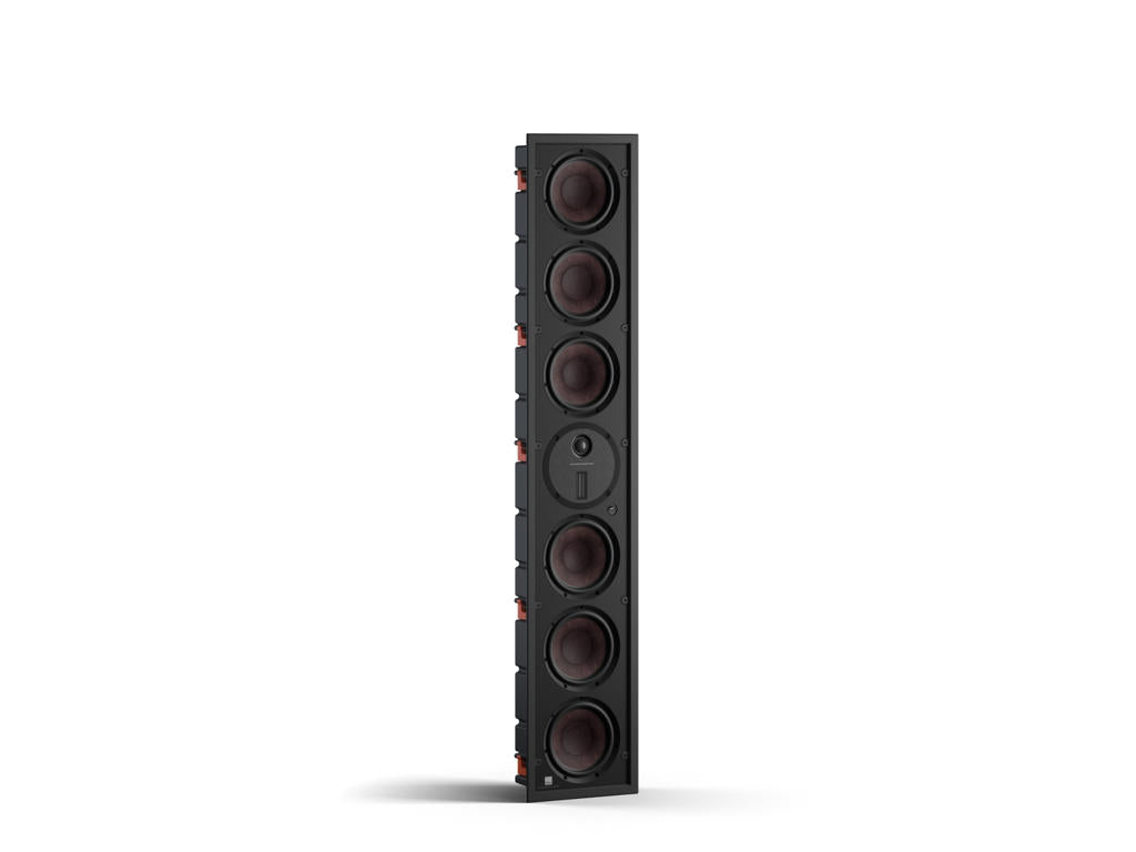 Der Dali PHANTOM M-675 Einbaulautsprecher Stück ist ein hoher, rechteckiger weißer High End-Wandeinbaulautsprecher mit vertikal angeordneten runden Chassis - ideal für Heimkinoinstallationen und liefert satten Mehrkanalsound, dargestellt vor einem schlichten weißen Hintergrund.