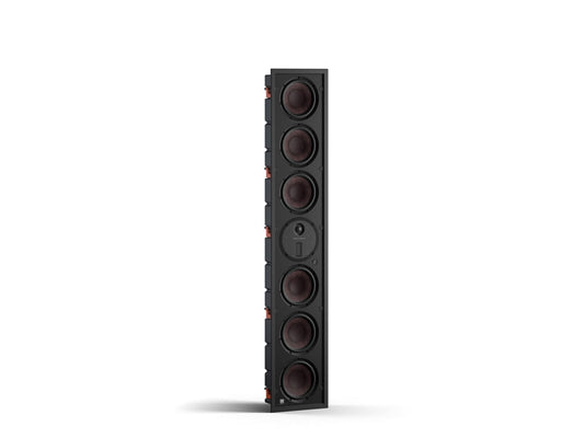 Der Dali PHANTOM M-675 Einbaulautsprecher Stück ist ein hoher, rechteckiger weißer High End-Wandeinbaulautsprecher mit vertikal angeordneten runden Chassis - ideal für Heimkinoinstallationen und liefert satten Mehrkanalsound, dargestellt vor einem schlichten weißen Hintergrund.