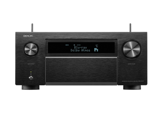 Der Denon AVC-A1H AV-Receiver in Schwarz bietet 8K-Auflösung, Dolby Atmos-Unterstützung, digitale Anzeige mit Blu-ray Wiedergabe, zwei große Bedienregler und ein gebürstetes Metallfinish - perfekt für jedes Heimkino.