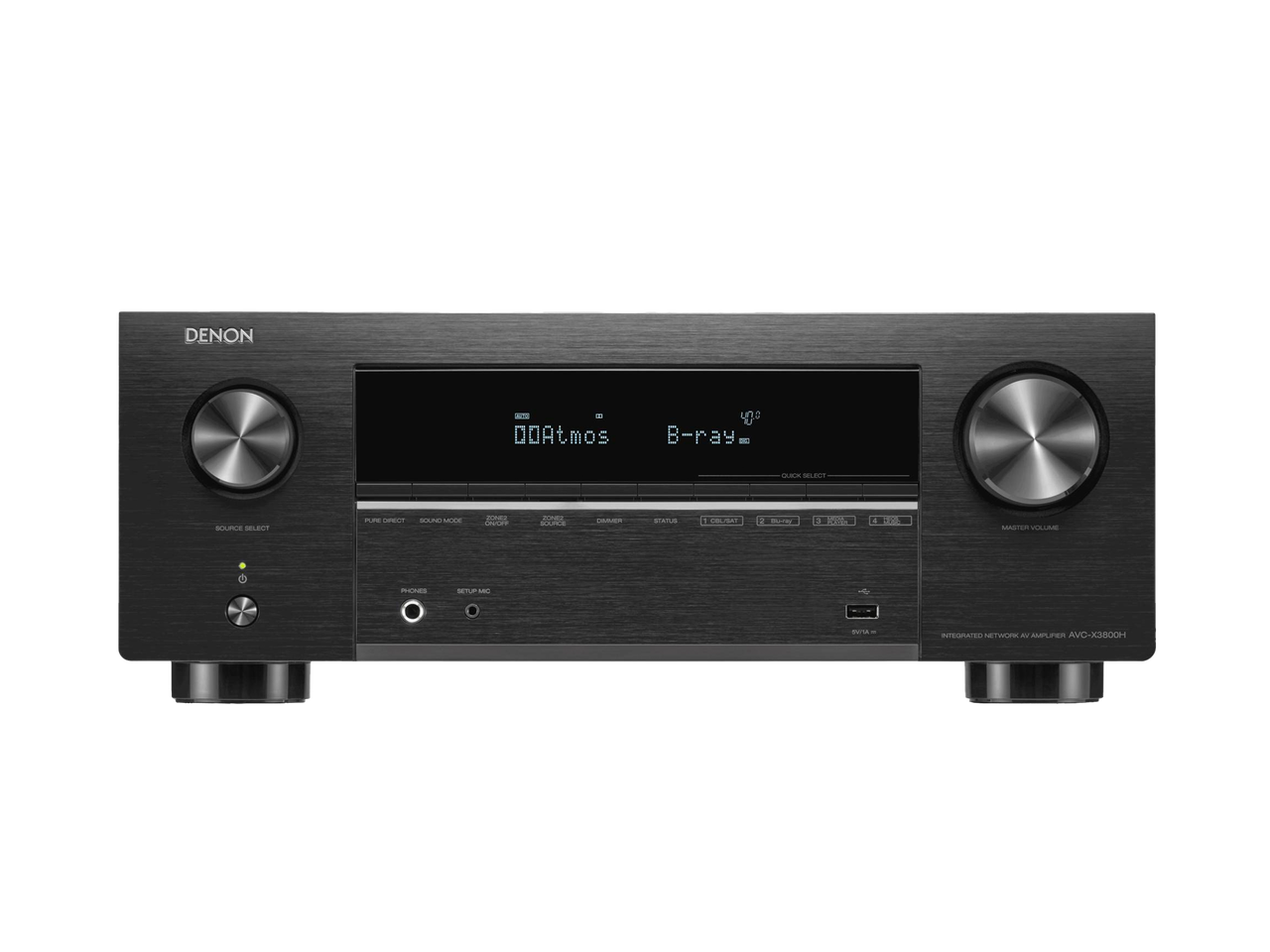 Frontansicht des Denon AVC-X3800H AV-Receivers in Schwarz mit gebürstetem Metall-Finish, zwei großen Drehreglern, digitalem Display mit Dolby Atmos B-ray und HEOS Built-in, sowie Bedientasten für ein immersives Heimkino-Erlebnis.