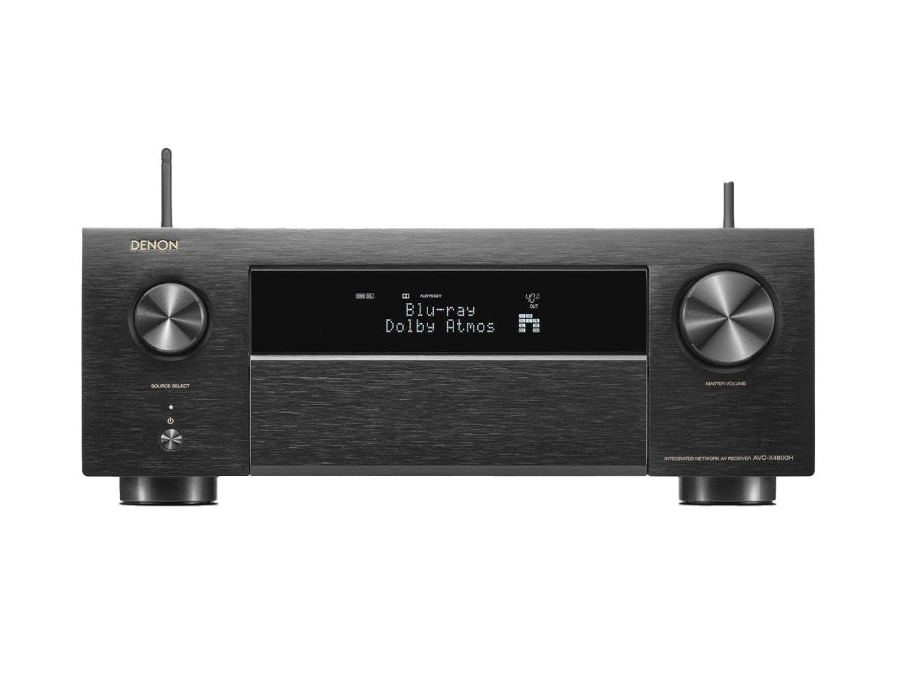 Der Denon AVC-X4800H AV-Receiver in Schwarz verfügt über ein digitales Display, zwei große Bedienknöpfe, Tasten auf der Vorderseite, 3D-Audio-Unterstützung und HEOS Built-in für nahtloses Streaming.