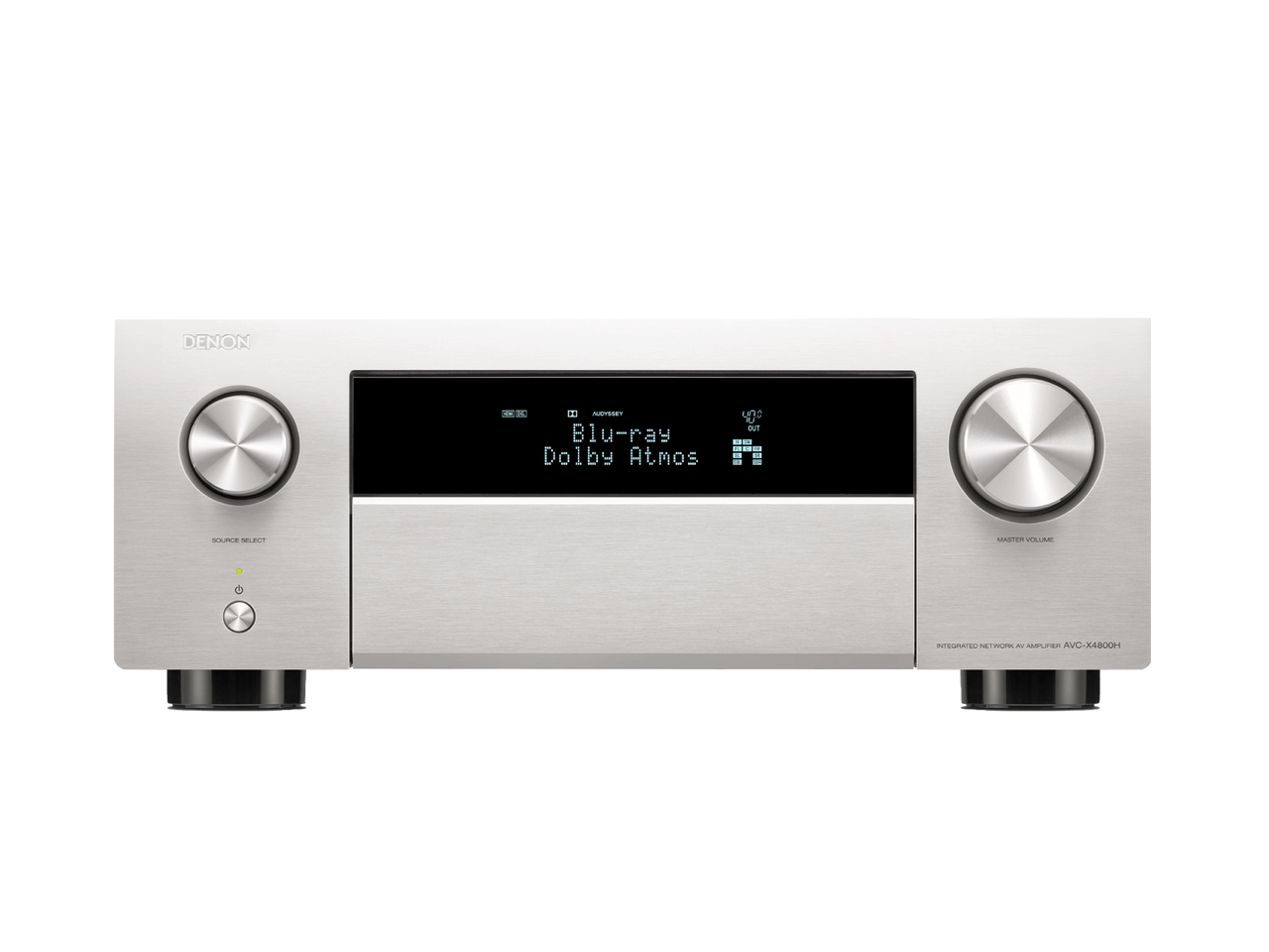 Der Denon AVC-X4800H AV-Receiver in Silber mit HEOS Built-in zeigt "Blu-ray Dolby Atmos" an, verfügt über zwei große Bedienknöpfe, mehrere Tasten unterhalb des Bildschirms und liefert immersiven 3D-Audio.