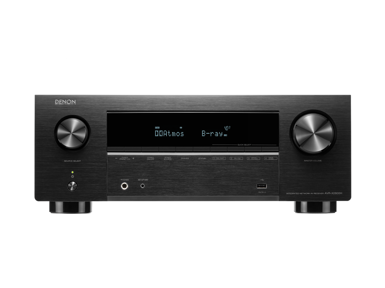 Der Denon AVR-X2800H AV-Receiver in Schwarz verfügt über ein Display (zeigt Dolby Atmos und Blu-ray), große Bedienknöpfe, Eingangstasten, Frontanschlüsse und unterstützt 8K-Videos für ein immersives Erlebnis.