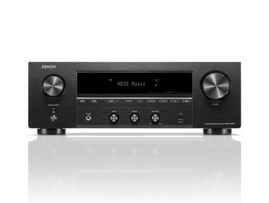 Ein schwarzer Denon DRA-900H AV-Receiver mit Drehreglern, Tasten, Eingangsanschlüssen und einem digitalen Display auf der Vorderseite, auf dem "HEOS® Built-in Music" angezeigt wird, ist mit seinem Spiegelbild darunter abgebildet.