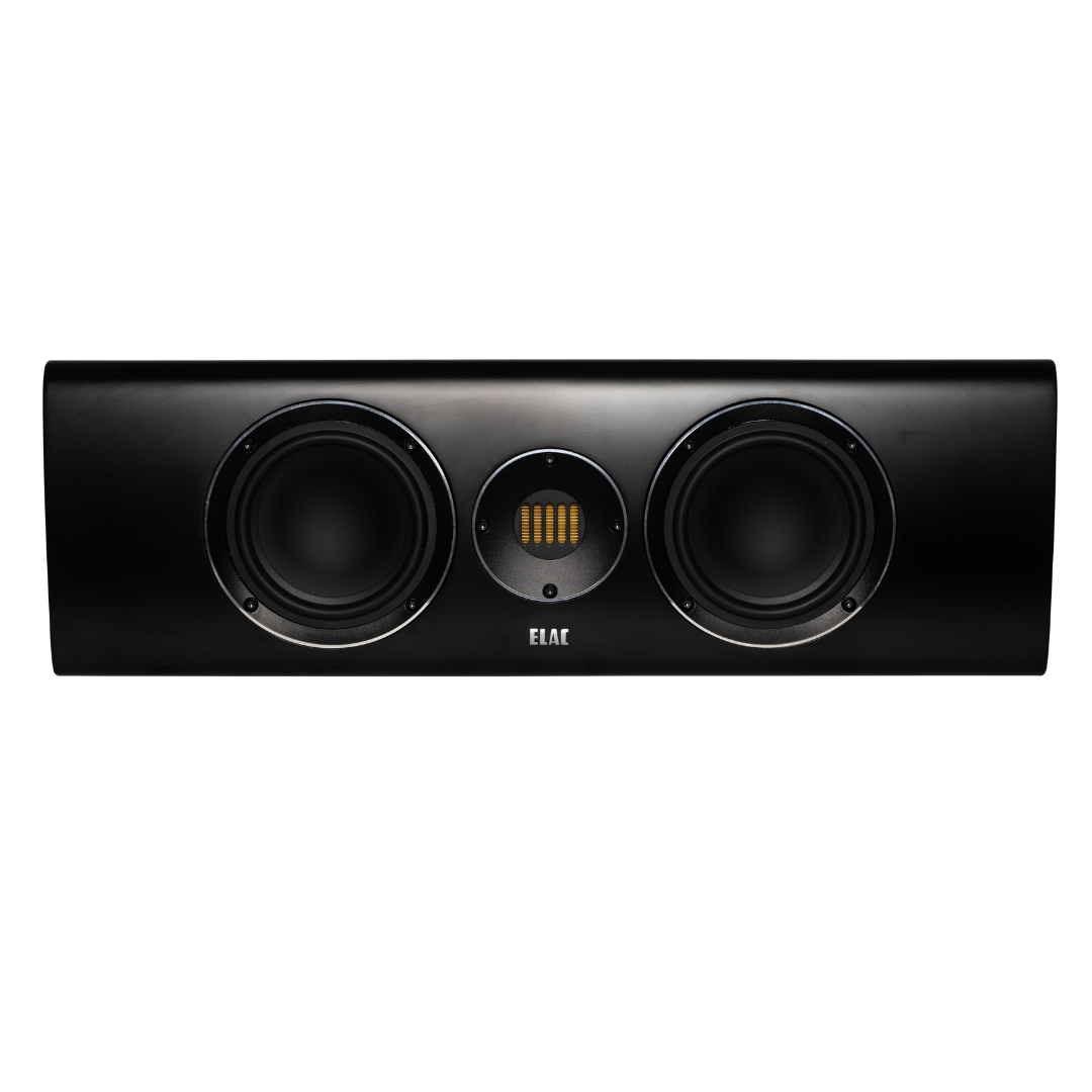Der Elac Carina CC 241.4 Centerlautsprecher in Schwarz Seidenmatt bietet mit zwei seitlichen Tieftönern und zentralem JET-Hochtöner beeindruckende Heimkino-Akustik - hier frontal vor weißem Hintergrund gezeigt.