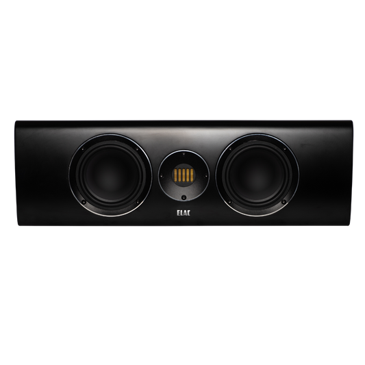 Der Elac Carina CC 241.4 Centerlautsprecher in Schwarz Seidenmatt bietet mit zwei seitlichen Tieftönern und zentralem JET-Hochtöner beeindruckende Heimkino-Akustik - hier frontal vor weißem Hintergrund gezeigt.