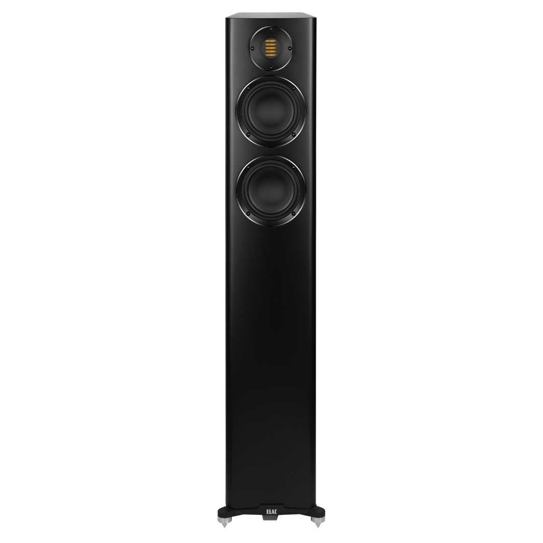 Der Elac Carina FS 247.4 Standlautsprecher Stück in schwarz seidenmatt verfügt über zwei große Tiefton-Chassis und einen JET-Hochtöner an der Oberseite, alles in einem schlanken rechteckigen Gehäuse mit flachem Boden.