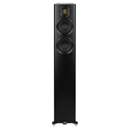 Der Elac Carina FS 247.4 Standlautsprecher Stück in schwarz seidenmatt verfügt über zwei große Tiefton-Chassis und einen JET-Hochtöner an der Oberseite, alles in einem schlanken rechteckigen Gehäuse mit flachem Boden.