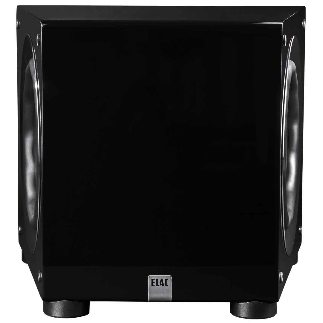 Der Elac DS1200 Subwoofer Stück in Schwarz Hochglanz verfügt über große, runde Treiber mit HEX-Technologie, eine Logoplatte an der Vorderseite und kleine, abgerundete Füße, die vor einem schlichten Hintergrund gezeigt werden.