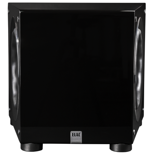 Der Elac DS1200 Subwoofer Stück in Schwarz Hochglanz verfügt über große, runde Treiber mit HEX-Technologie, eine Logoplatte an der Vorderseite und kleine, abgerundete Füße, die vor einem schlichten Hintergrund gezeigt werden.
