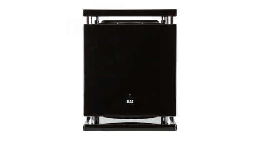 Der Elac SUB2070.2 Subwoofer in glänzendem Schwarz mit minimalistischem, kastenförmigem Design und Push-Push/Pull-Pull-Technologie wird von vorne vor einem schlichten schwarzen Hintergrund präsentiert.