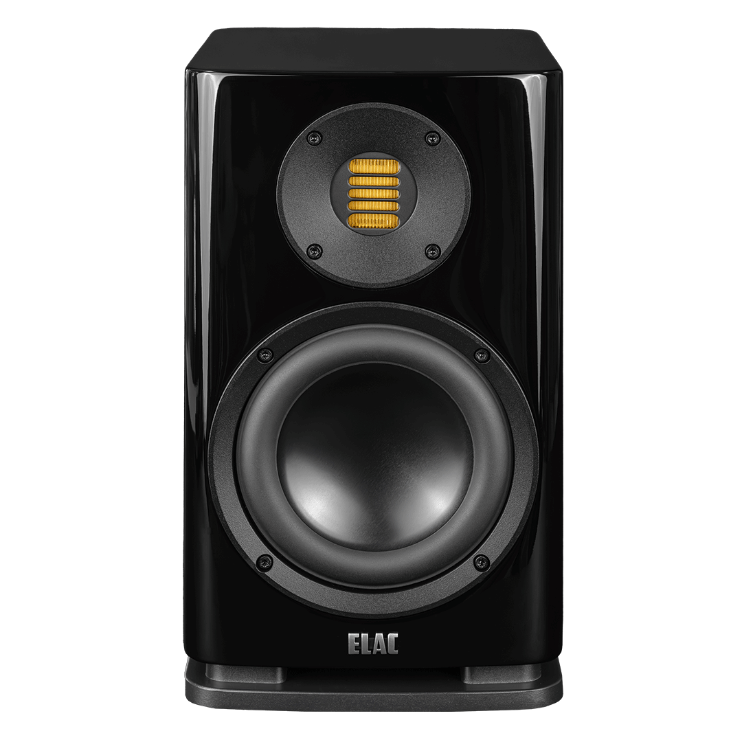Der Elac Solano BS 283.2 Regallautsprecher Stück in Schwarz Hochglanz verfügt über einen großen runden Tieftöner unter einem kleineren rechteckigen gelben Hochtöner, der eine außergewöhnliche Klangwiedergabe liefert.