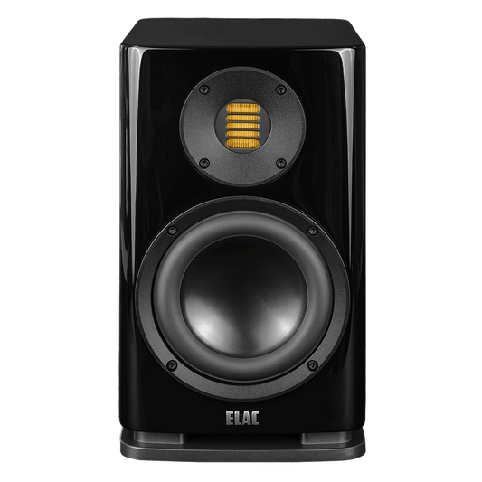 Der Elac Solano BS 283.2 Regallautsprecher Stück in Schwarz Hochglanz verfügt über einen großen runden Tieftöner unter einem kleineren rechteckigen gelben Hochtöner, der eine außergewöhnliche Klangwiedergabe liefert.
