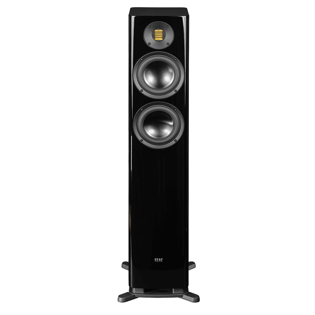 Der Elac Solano FS 287.2 Standlautsprecher Stück in Schwarz Hochglanz bietet musikalische Exzellenz mit zwei großen runden Treibern, einem eleganten rechteckigen Hochtöner oben und steht stabil auf einem soliden Sockel.