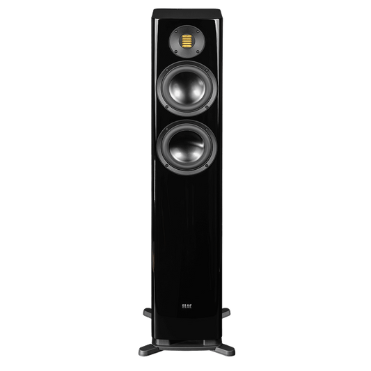 Der Elac Solano FS 287.2 Standlautsprecher Stück in Schwarz Hochglanz bietet musikalische Exzellenz mit zwei großen runden Treibern, einem eleganten rechteckigen Hochtöner oben und steht stabil auf einem soliden Sockel.