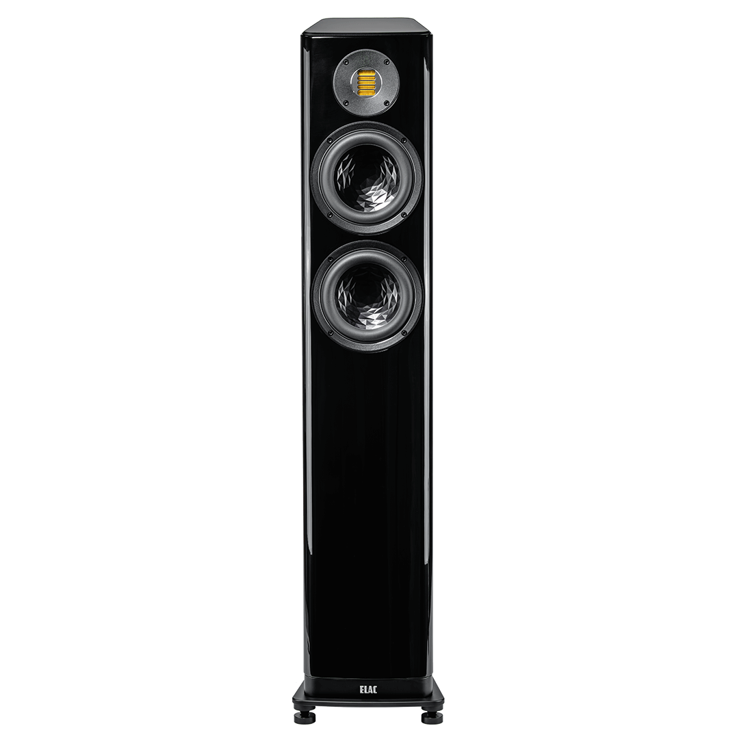 Der Elac Vela FS 407.2 Standlautsprecher Stück in Schwarz Hochglanz verfügt über fortschrittliche Klangtechnologie, einen quadratischen JET 6-Hochtöner über zwei Tieftönern und steht auf kurzen Beinen mit dem ELAC-Logo am Fuß.
