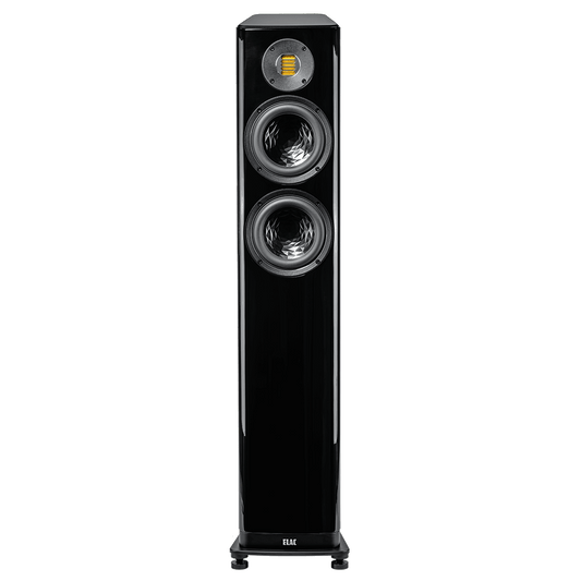 Der Elac Vela FS 407.2 Standlautsprecher Stück in Schwarz Hochglanz verfügt über fortschrittliche Klangtechnologie, einen quadratischen JET 6-Hochtöner über zwei Tieftönern und steht auf kurzen Beinen mit dem ELAC-Logo am Fuß.