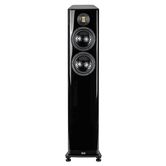 Ein hohes Elac Vela FS 408.2 Standlautsprecher Stück in Schwarz Hochglanz mit einem JET 6-Hochtöner über zwei großen Tieftönern auf der Front, stehend auf einem kompakten Sockel.