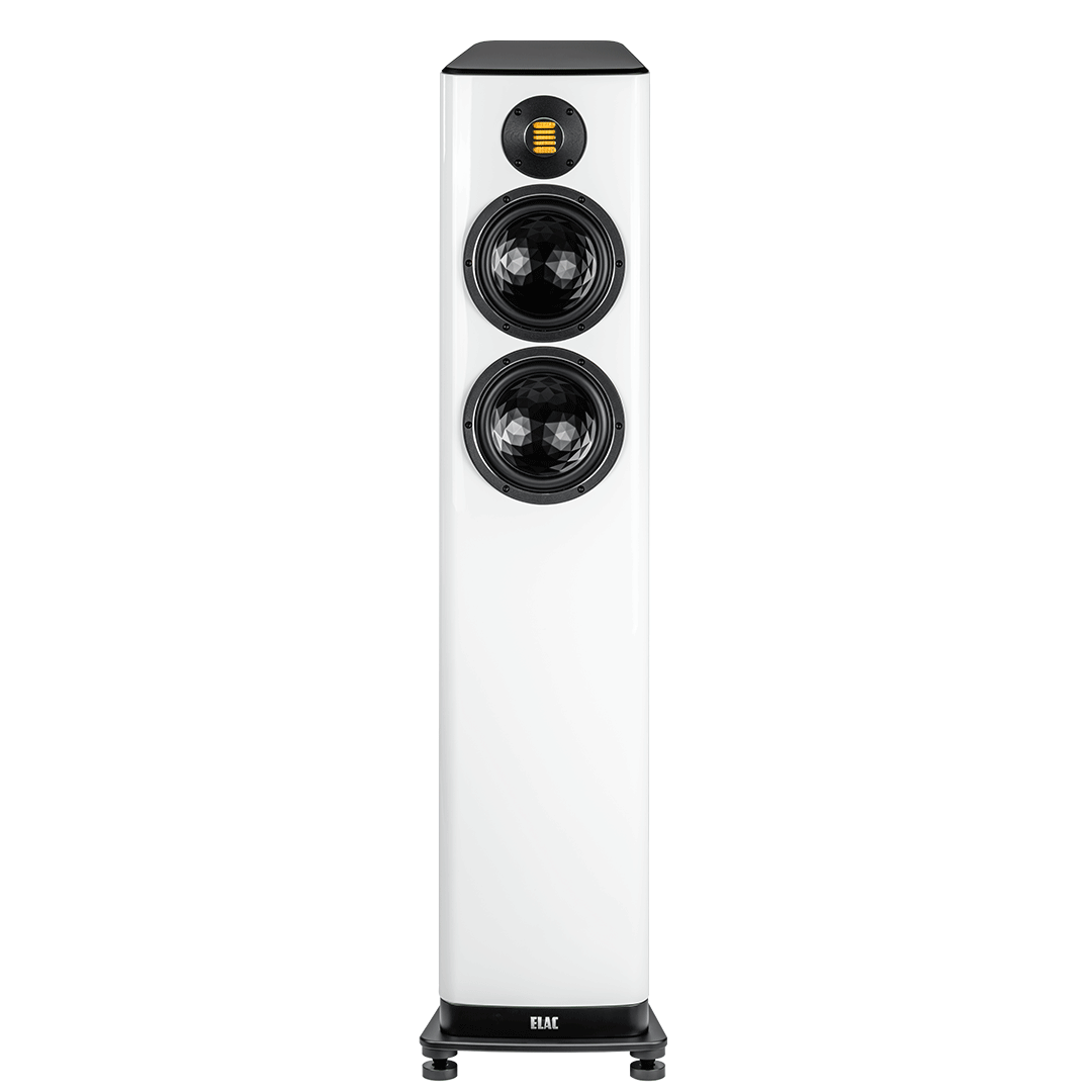 Der Elac Vela FS 408.2 Standlautsprecher Stück in Weiß Hochglanz hat ein rechteckiges Design mit zwei großen schwarzen Lautsprechermembranen und einem kompakten gelben JET 6-Hochtöner in der Nähe der Oberseite, alles auf einem schlanken schwarzen Sockel.