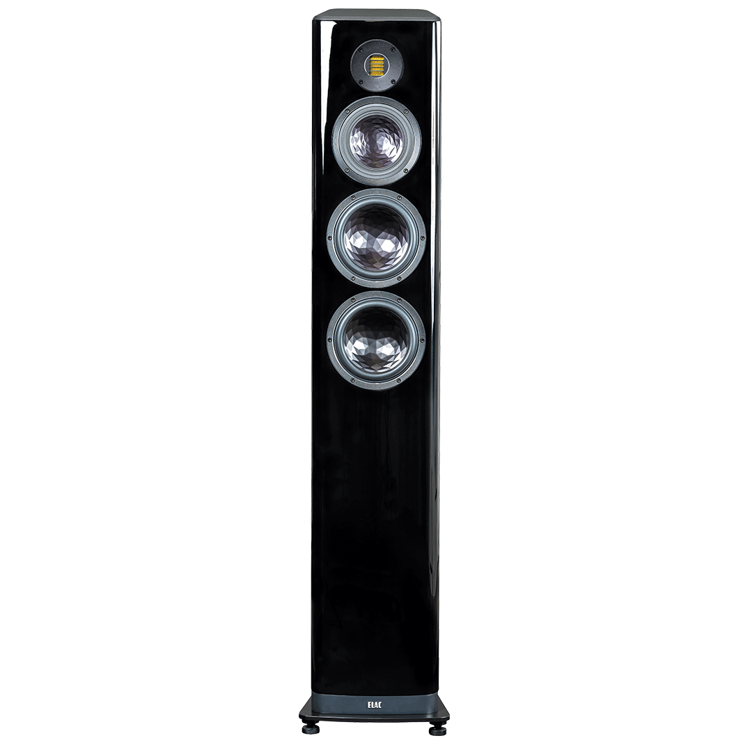 Der Elac Vela FS 409.2 Standlautsprecher Stück in Schwarz Hochglanz ist ein hoher, rechteckiger Lautsprecher mit drei großen silbernen Tieftönern, einem gelben JET-Hochtöner nahe der Oberseite und steht auf kleinen Füßen für Stabilität und Stil.